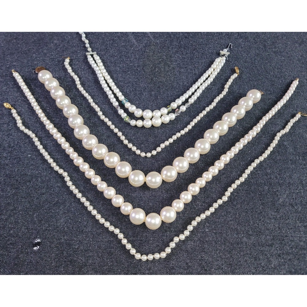 Vintage 50s 60s White Pearls Necklace Lot Of 5 Japan Costume Glass Mod Estate